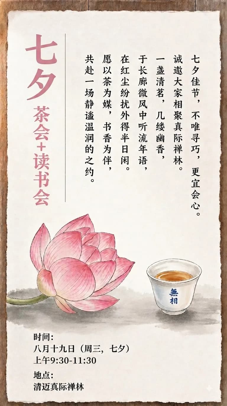 粉红莲花与白瓷茶杯，七夕茶会与读书会宣传海报