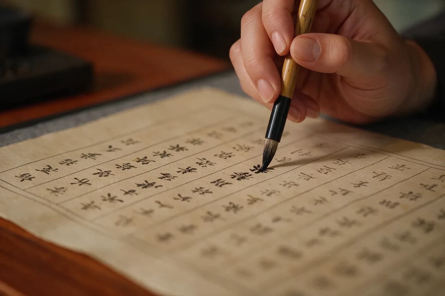 Hand holding a calligraphy brush writing Chinese characters on cream-colored rice paper