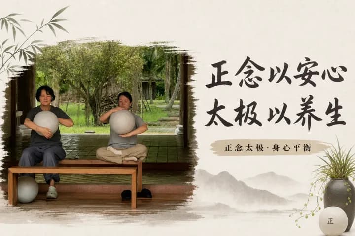两人在木制平台上坐着练习瑜伽球,身后是绿树和传统建筑,右侧墙上有中文书法