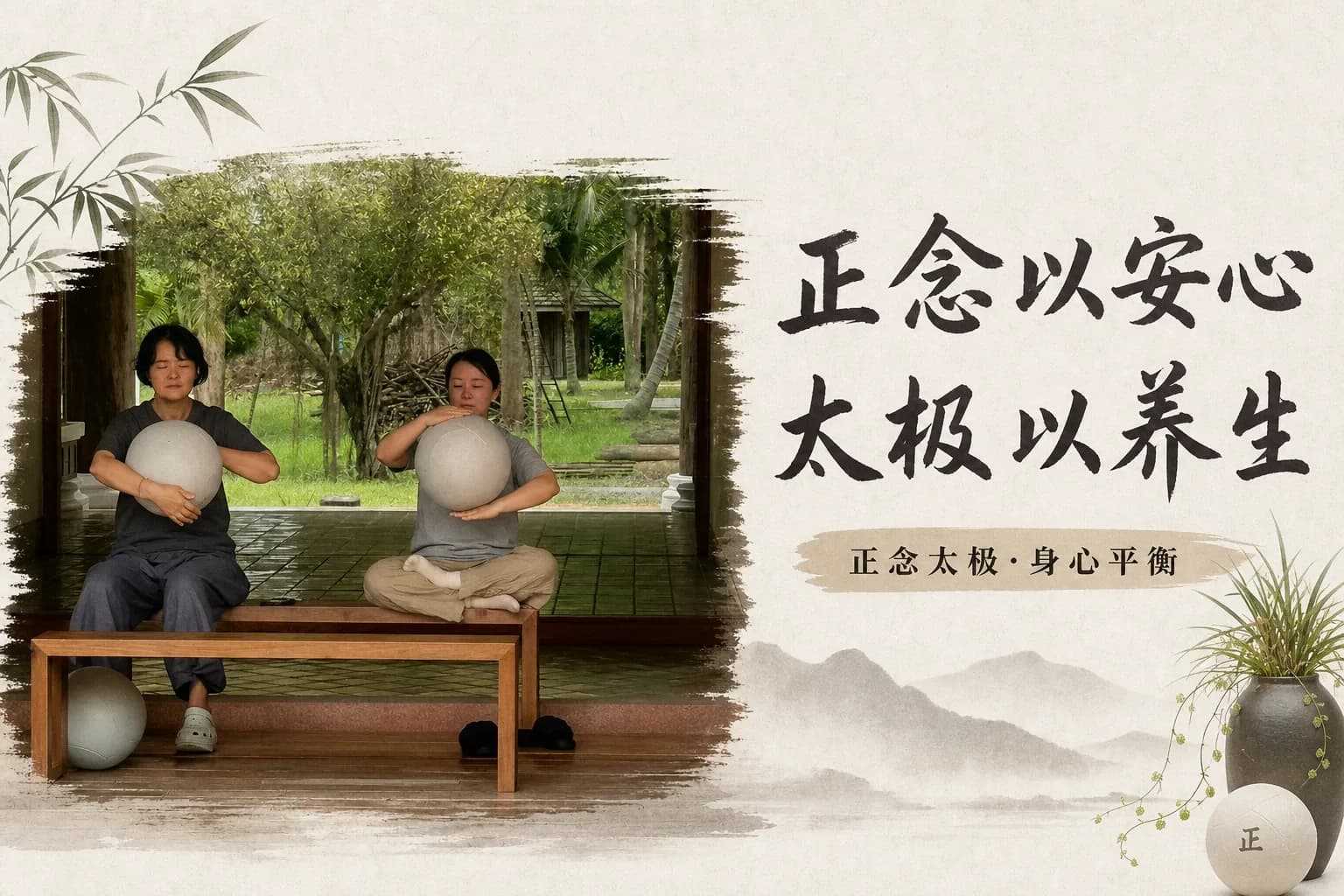 两人在木制平台上坐着练习瑜伽球,身后是绿树和传统建筑,右侧墙上有中文书法