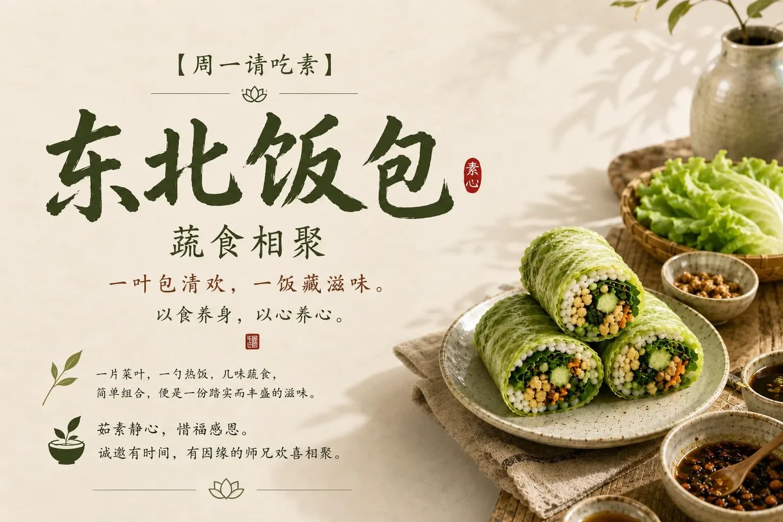 白色陶盘上摆放三个绿色蔬菜卷,配有多个小碗盛装食材和调料