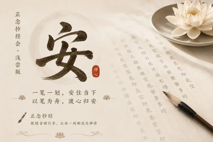 毛笔书法作品展示,白色莲花在陶瓷盘中,旁有中文经文手稿和书法笔