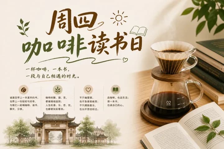 木桌上放着咖啡杯和玻璃咖啡壶,旁边摆放着打开的书籍和绿植