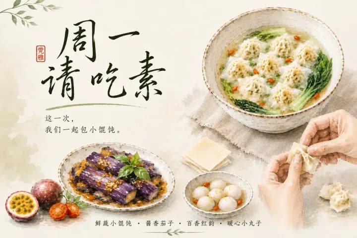 清淡素食烹饪课程海报,展示饺子、茄子、丸子等多道蔬菜料理和手工包饺子过程