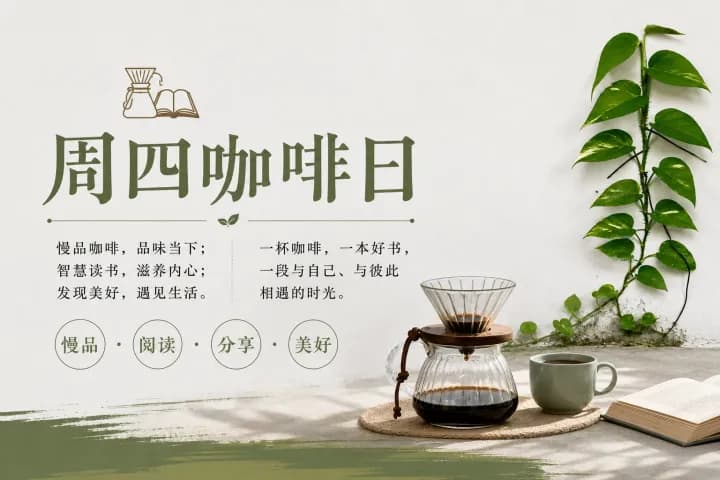 咖啡冲泡器、陶杯、开放书籍和绿色植物摆放在白色背景前