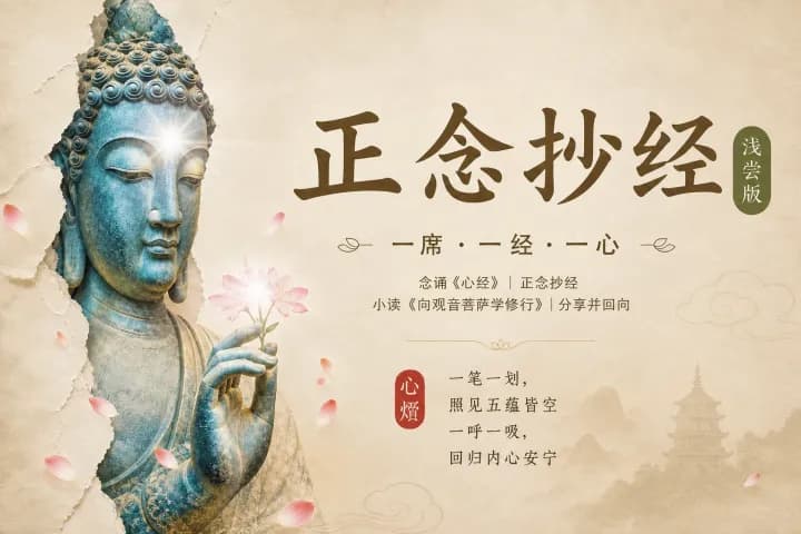 青色佛像雕塑,头部缺损,手持莲花,背景淡雅,旁有中文书法和活动信息