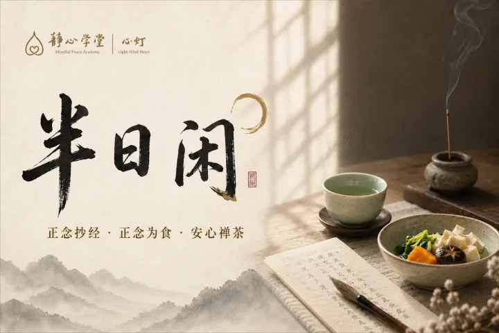 Promotional poster for a half-day mindfulness retreat featuring calligraphy, a tea cup, incense burner, vegetarian meal, and schedule for meditation, dining, and tea activities