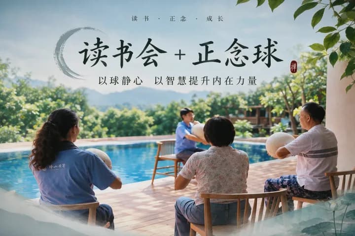 人们在山景泳池边的木制平台上围坐进行正念活动