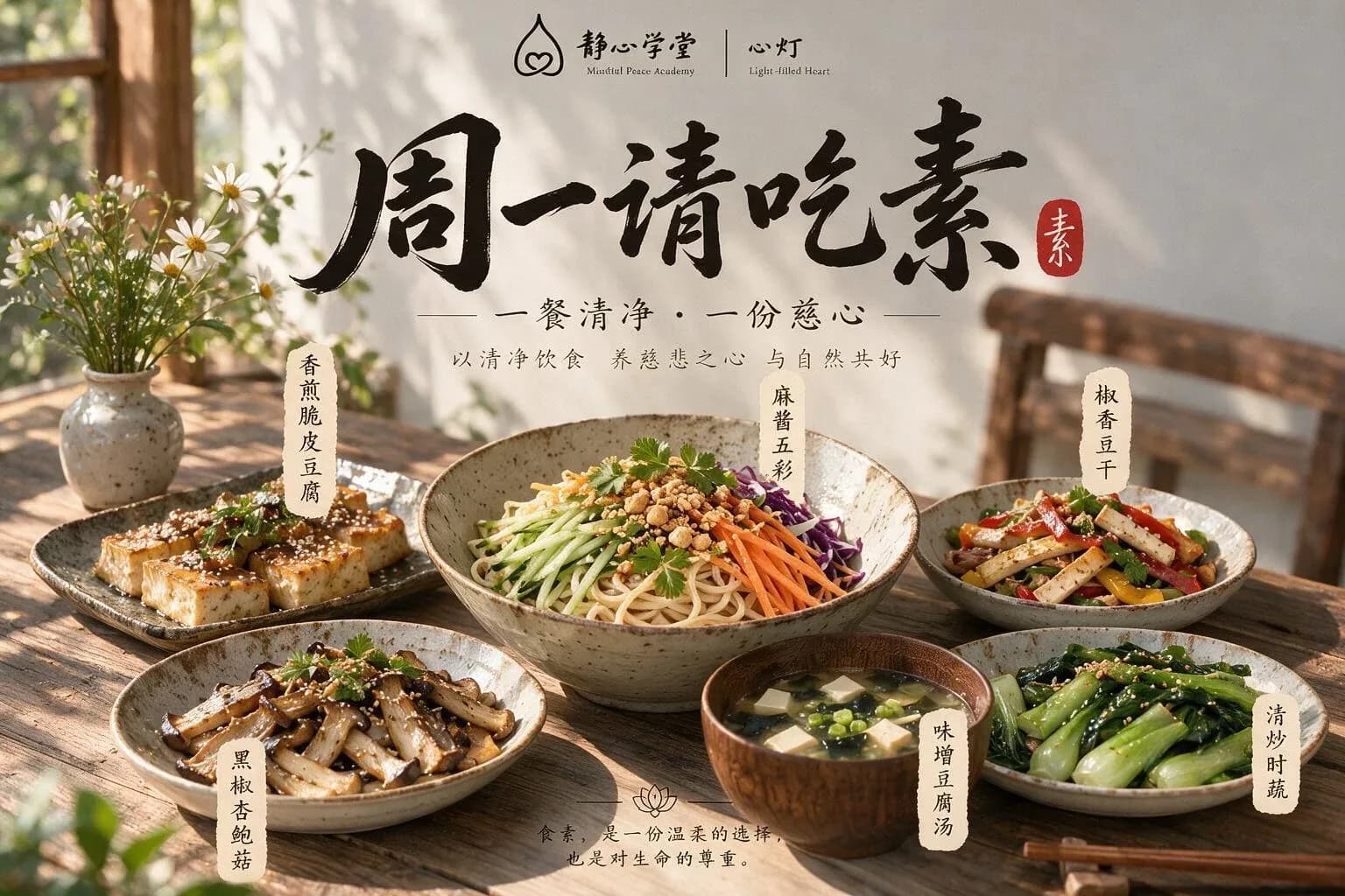 Vegetarian dishes displayed on a wooden table in natural sunlight, including noodles, tofu soup, and stir-fried vegetables, with a window and plants in the background