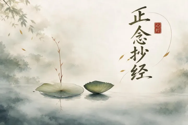 水墨风格插画,荷叶浮于水面,细茎挺立,飘落的叶片,远山雾气缭绕