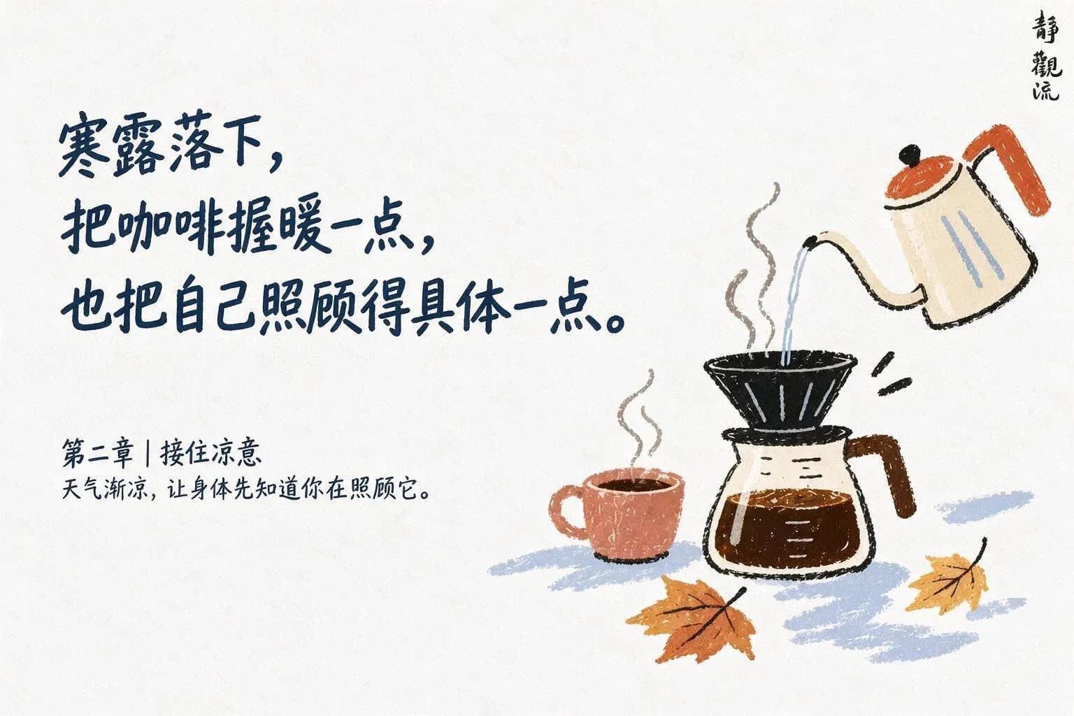 Illustrated coffee brewing scene with kettle pouring water over filter and cup, autumn leaves scattered around