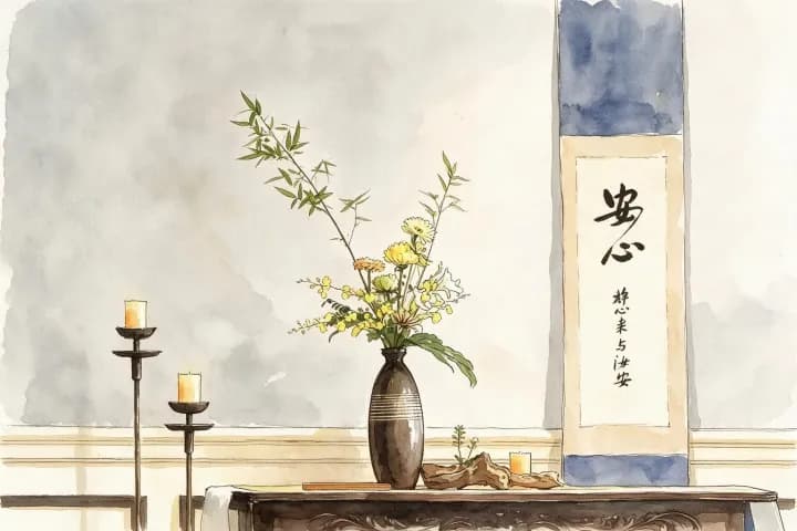 Minimalist altar arrangement with ceramic vase holding yellow flowers and bamboo stems, flanked by candlestick holders and hanging calligraphy scroll